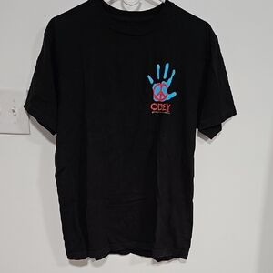 Obey Black Tee with Blue Peace Hand